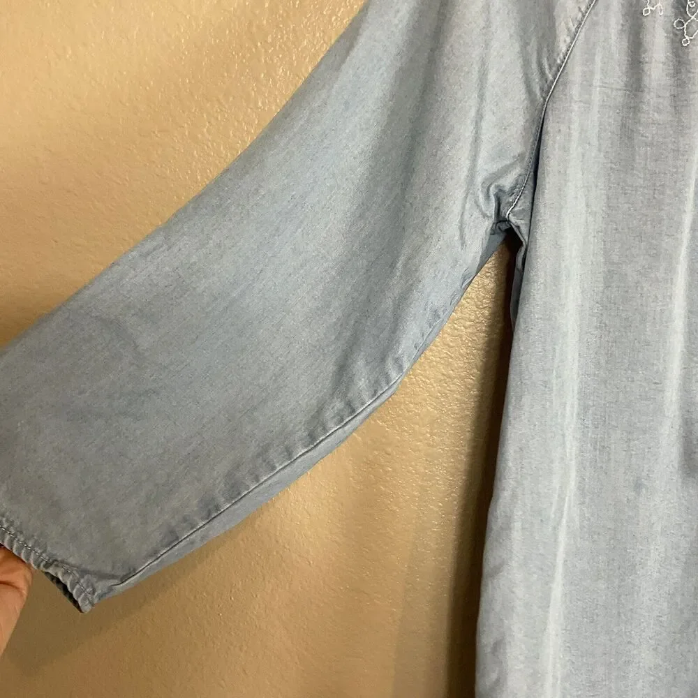 J Jill Denim Womens Chambray Embroidered Top Size M Blue Long Sleeve Tassel Boho - Picture 5 of 10